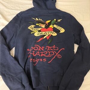 Ed Hardy Blue Hoodie with Colorful Tattoo Design